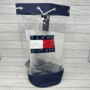 Tommy Hilfiger Flag Drawstring Backpack Beach Bag Clear Vinyl Blue Canvas 90s